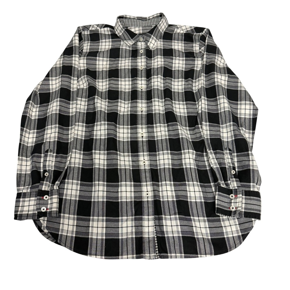 Talbots Womens Medium Black White Plaid Cotton Button Down Shirt Long Sleeve